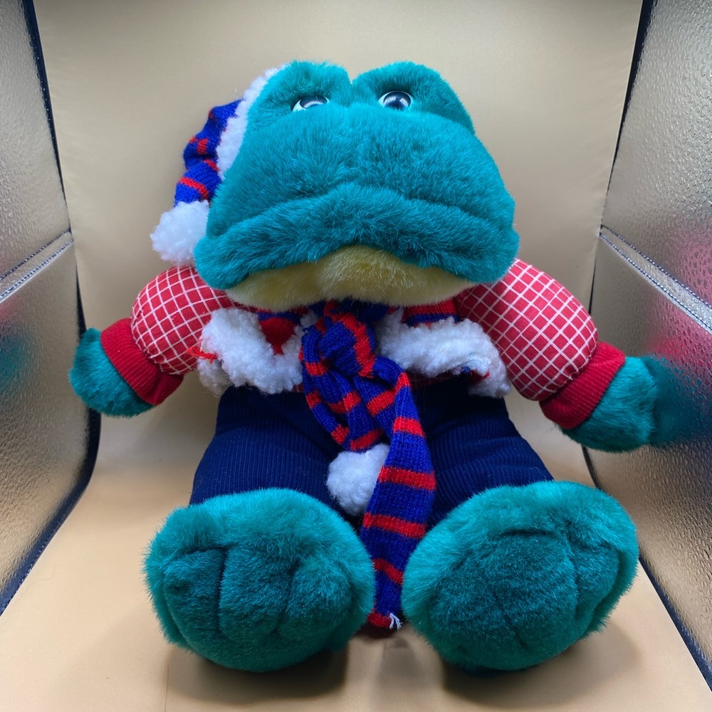 Vintage 1980's Rare TB Trading Frog Christmas Theme Stuffed Animal Plush.